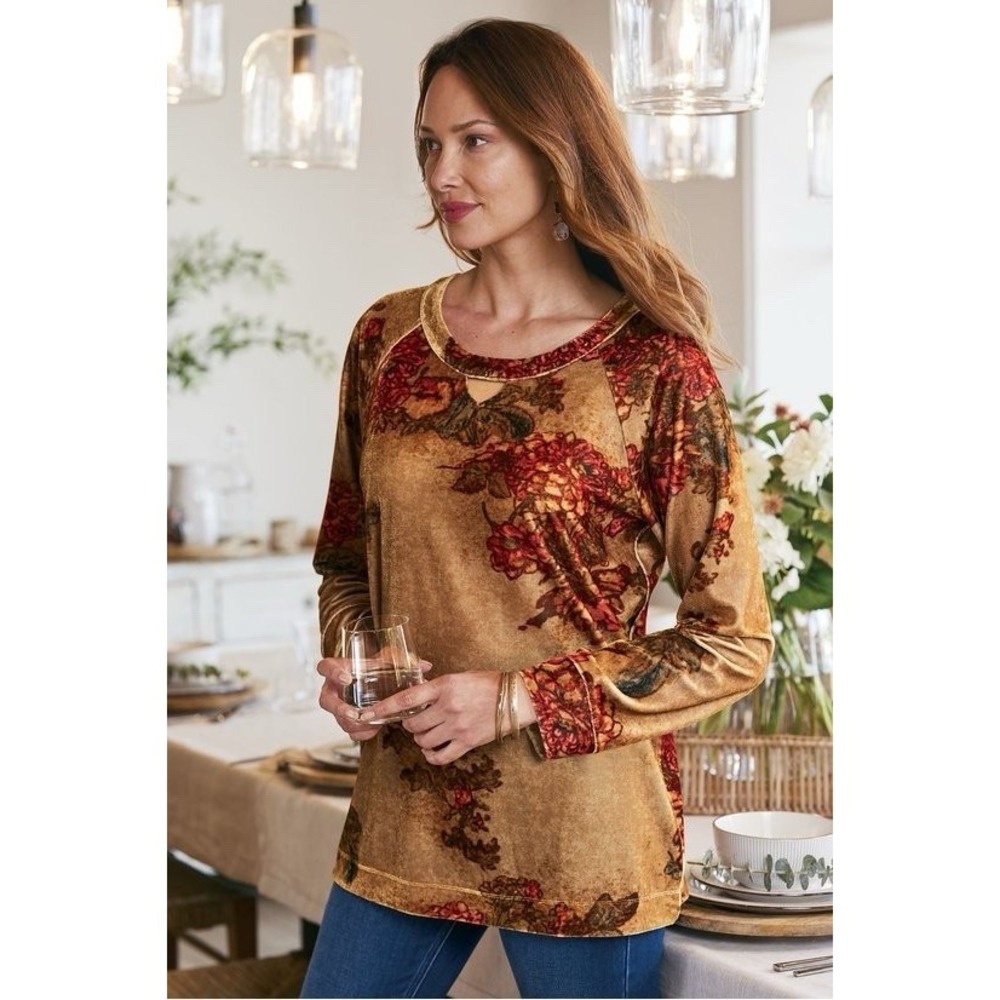 Soft Surroundings Victoria Velvet Top Petite PXS Gold Floral Garden Silk Blend